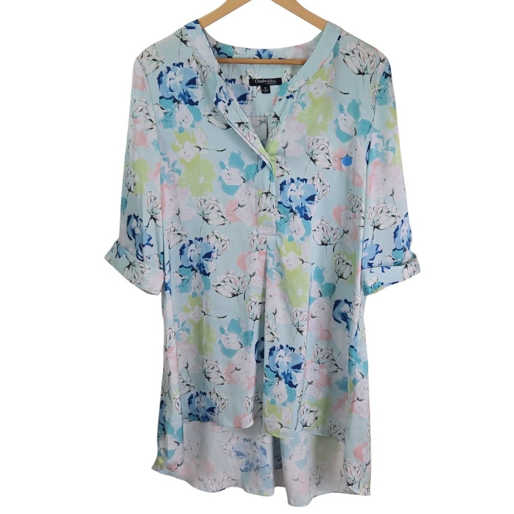 Chadwicks of Boston Womens Blue Floral Print Soft Tunic Top Size 14‎ High/Low